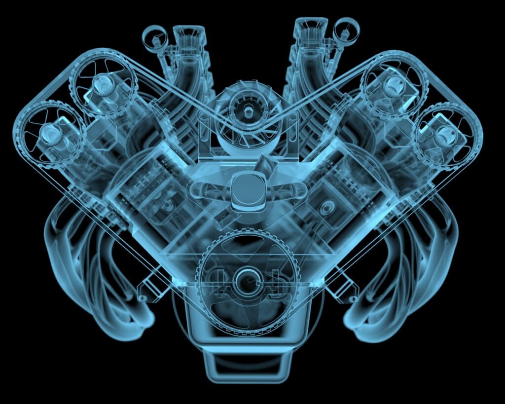 Car engine x-ray blue transparent isolated on black