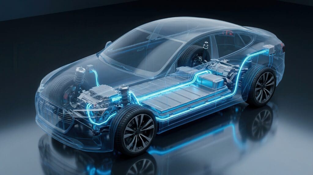 Transparent car body showing electric vehicle battery pack and powertrain assembly