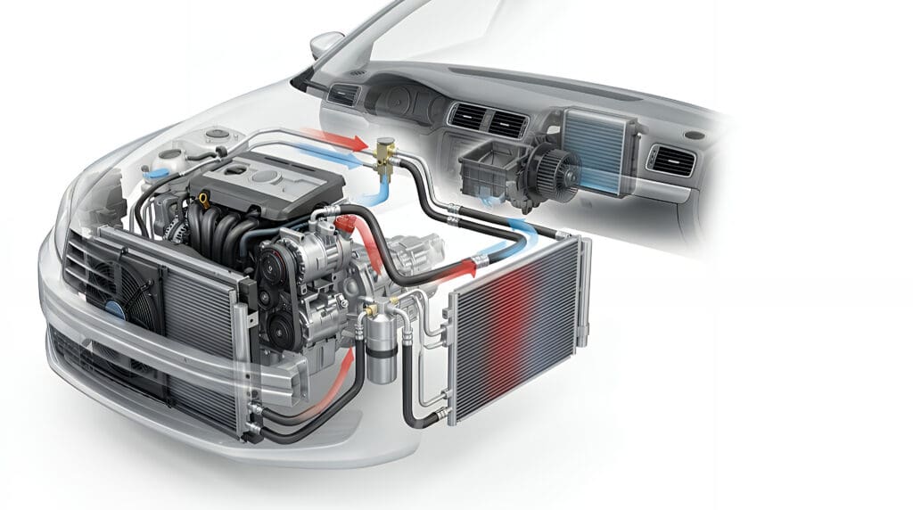 Automotive air conditioning system technical diagram showing engine cooling components.