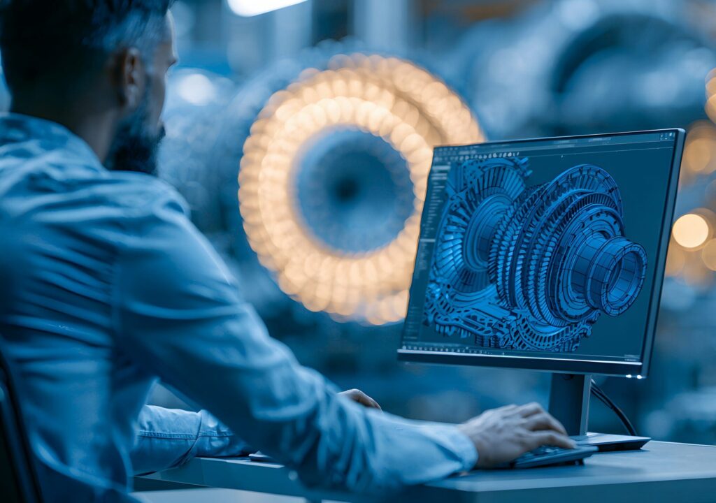 A man working on a computer with a complex design on the screen in a modern industrial setting